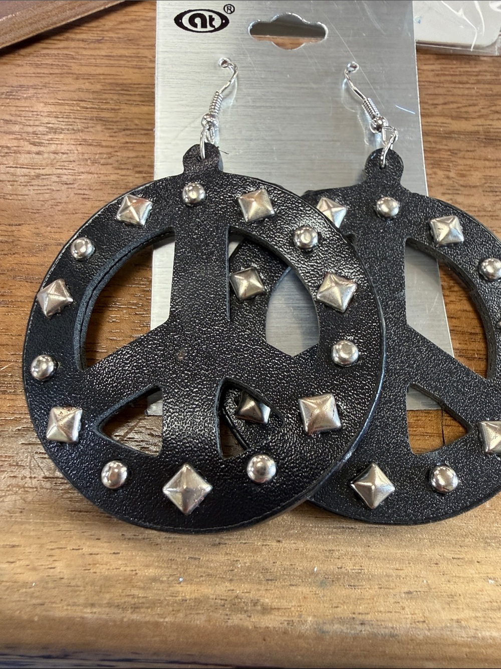Studded Black Peace Sign Drop Earrings - Unbranded